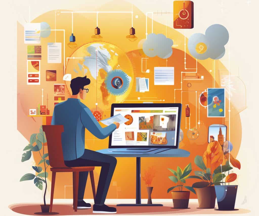 Man with glasses working on computer, illustration