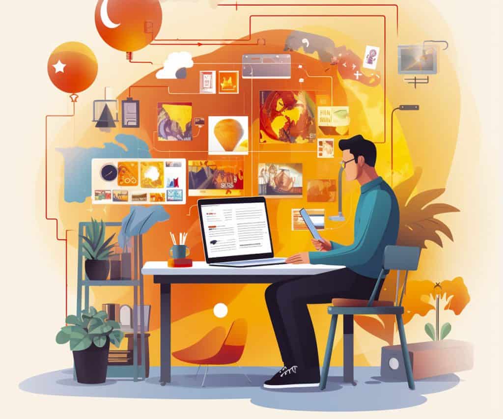 Man working on computer, illustration