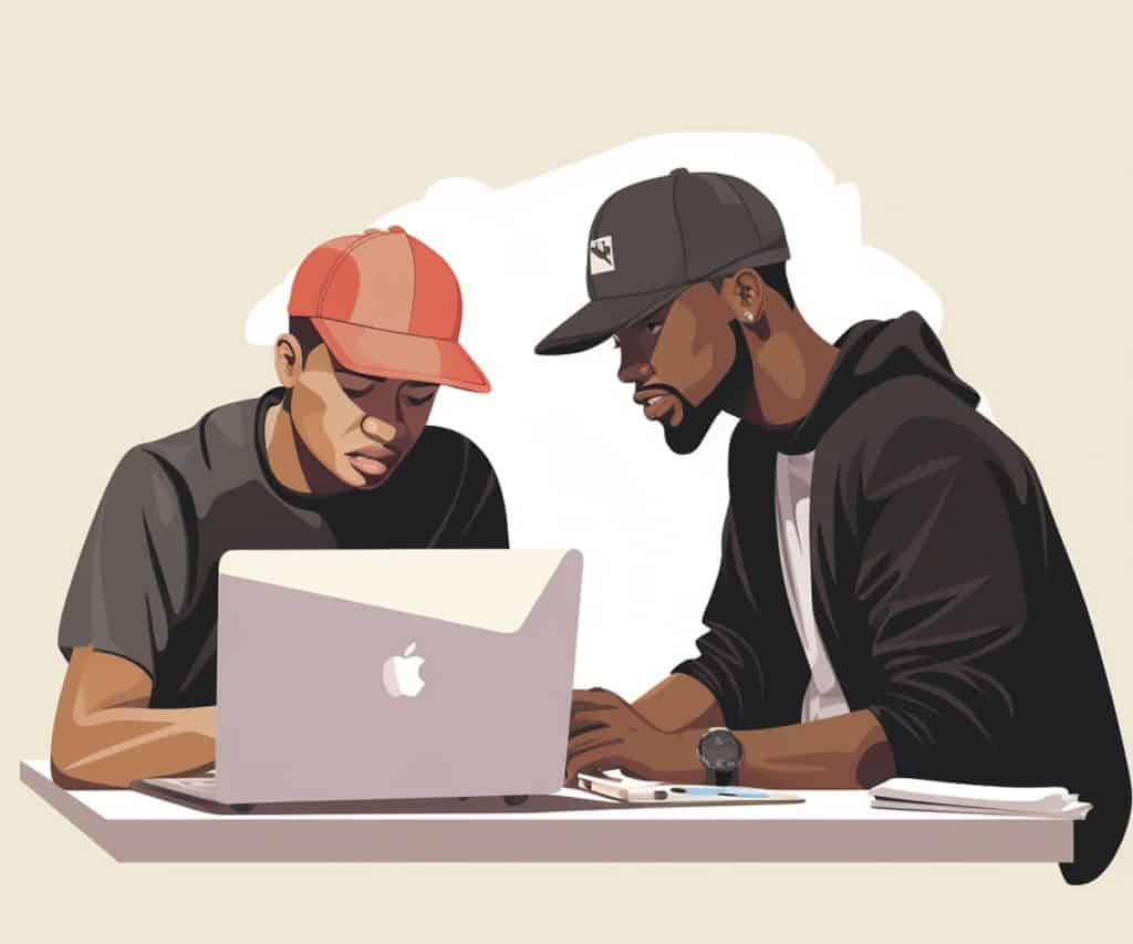 Marketing duo, two guys looking on the laptop