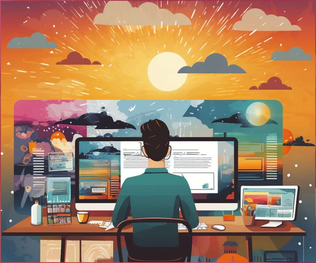 Flat style illustration, marketing man on his extra wide computer monitor