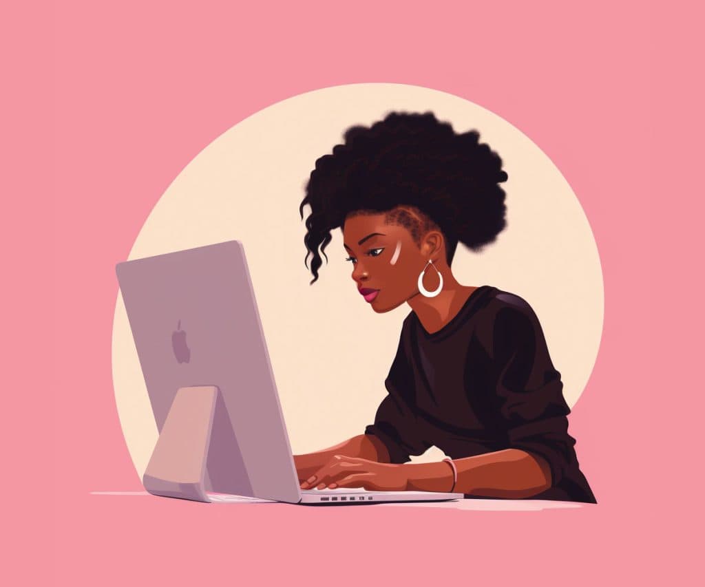 Black woman on laptop, pink background