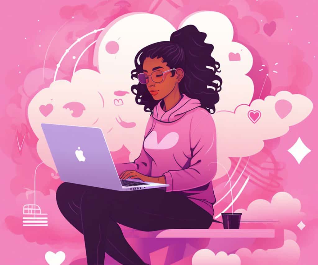 Woman on computer illustration, pink background