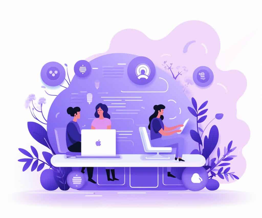 Digital marketing trio illustration, purple background