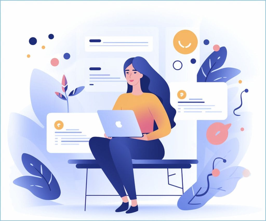 Flat style illustration of a woman on her laptop.